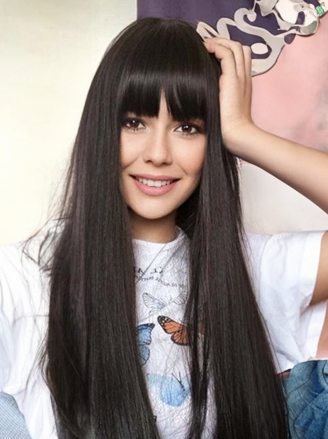 Self-pickup 18inch Natural Black Wig With Bangs Long Wavy Curly Glueless Fringe Unit Heat Resistant Synthetic Middle Part Full Machine Made No Lace Scalp Wig Costume Cosplay Hair Replacement Wig