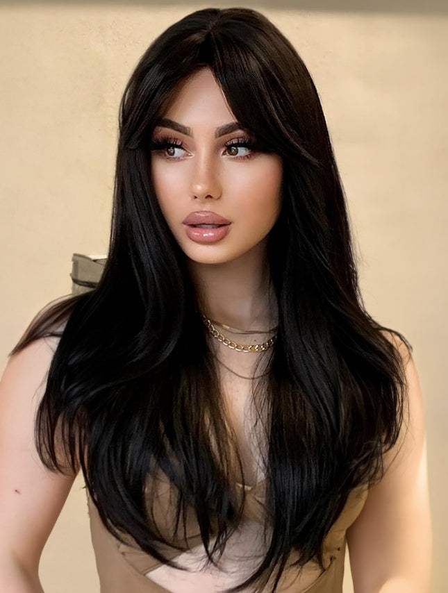 Self-pickup 18inch Natural Black Wig With Bangs Long Wavy Curly Glueless Fringe Unit Heat Resistant Synthetic Middle Part Full Machine Made No Lace Scalp Wig Costume Cosplay Hair Replacement Wig